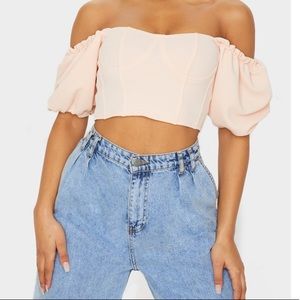 Nude Textured Crepe Bardot Puff Sleeve Crop Top